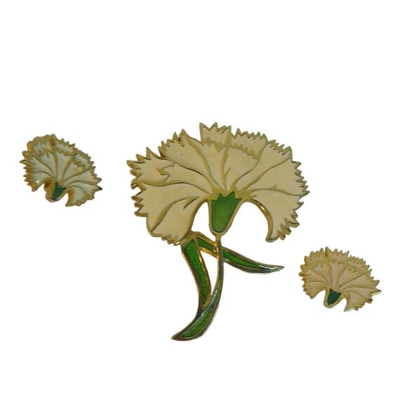 Vintage Pierre Lang Floral Carnation Enamel Brooch Pin and Clip On Earrings Set - Picture 6 of 8